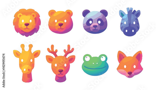 Colorful  gradient glow animal icons set: lion, bear, panda, zebra, giraffe, deer, frog, fox
