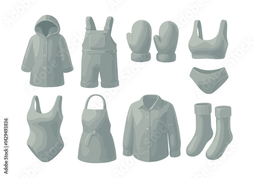 Frosted glass outfit icons set:  collection of stylish apparel elements
