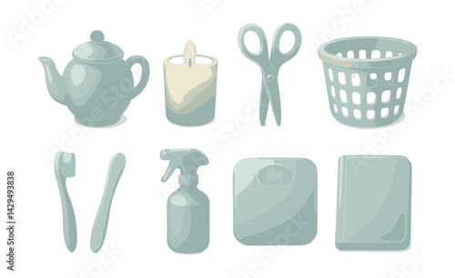 Frosted glass essentials:  icon set featuring household and personal care items