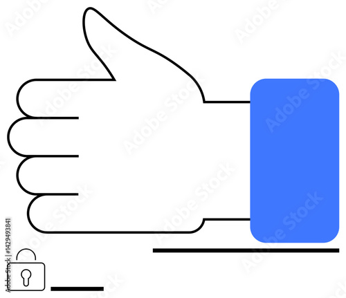 Hand showing thumbs-up gesture with a blue sleeve, accompanied by a small padlock icon. Ideal for security, approval, trust, consent, safety, reliability, success and simple landing page
