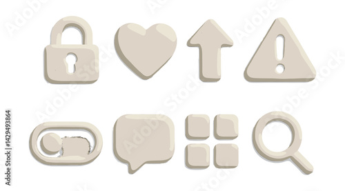 Essential  clay icons set: lock, heart, arrow, alert, toggle, chat, grid, search