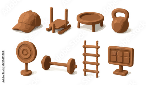 sports equipment icons set: cap, trampoline, dumbbell, and more