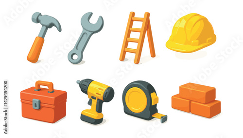 Vibrant  construction tools icon set: hammer, wrench, helmet, more