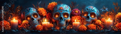 Dia de los Muertos Sugar Skulls with Marigolds and Candles