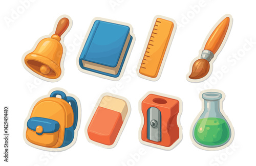 Colorful  school supplies icon set featuring essential learning tools and accessories