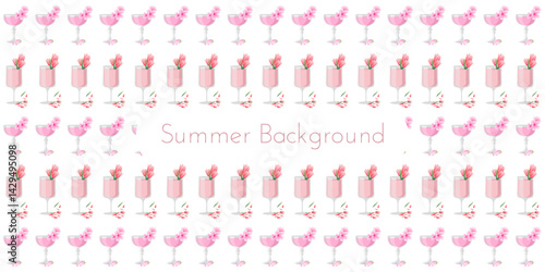 Summer background with pink and light red glasses of drinks decorated flowers, tulips, sakura, cherry blossom, petals. Vector illustration for invitation, banners, web
