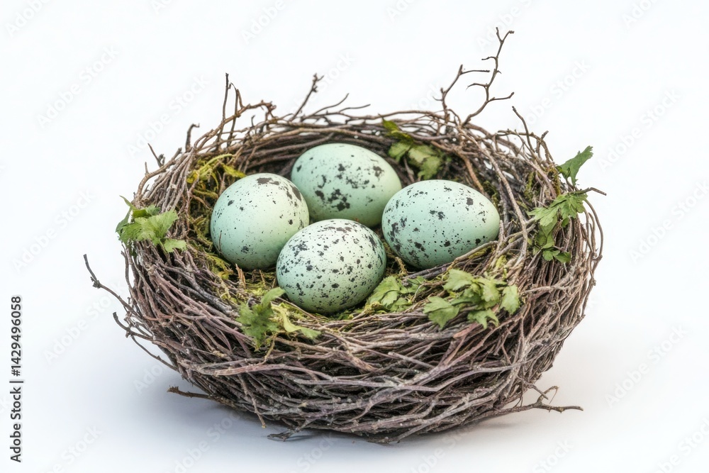 Bird nest with four speckled green eggs inside Bird nest with four speckled green eggs inside
