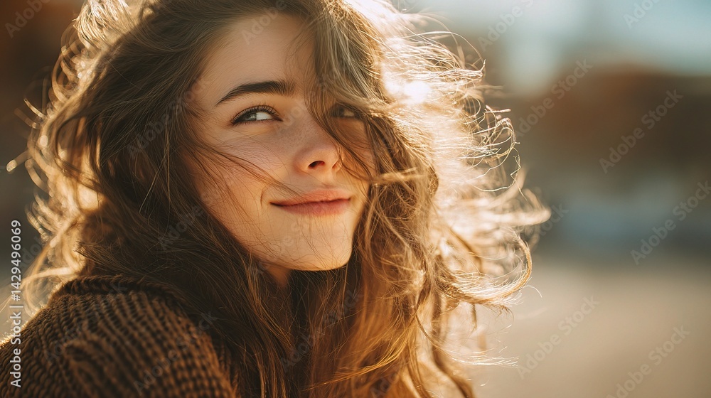 Fresh-Faced Girl Smiling in Sunlight with Wind in Hair Fresh-Faced Girl Smiling in Sunlight with Wind in Hair