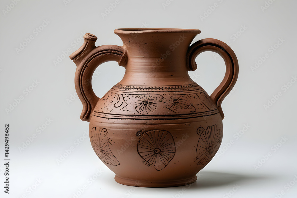 Rustic Brown Clay Jug with Folk Etchings Isolated on White for Pottery and Craftsmanship Concepts Featuring a Handmade Earthenware Pitcher with Traditional Decorations: Rustic, Brown, Clay, Jug, Folk. Rustic Brown Clay Jug with Folk Etchings Isolated on White for Pottery and Craftsmanship Concepts Featuring a Handmade Earthenware Pitcher with Traditional Decorations: Rustic, Brown, Clay, Jug, Folk.