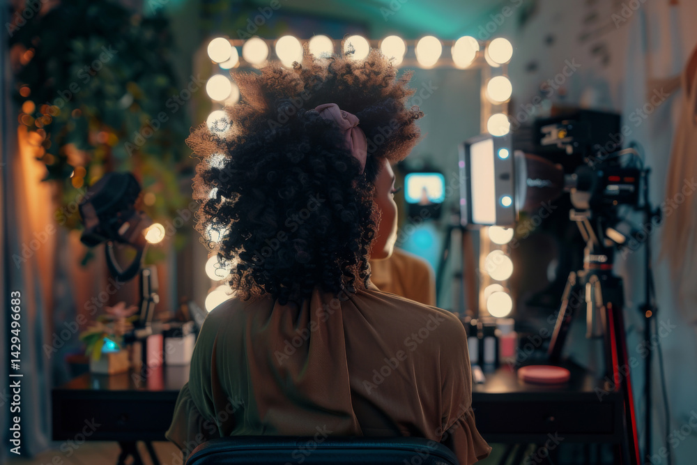 Obraz premium Beauty influencer preparing for recording makeup tutorial video