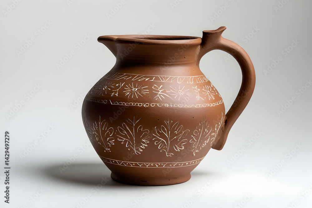 Rustic Brown Clay Jug with Folk Etchings Isolated on White for Pottery and Craftsmanship Concepts Featuring a Handmade Earthenware Pitcher with Traditional Decorations: Rustic, Brown, Clay, Jug, Folk. Rustic Brown Clay Jug with Folk Etchings Isolated on White for Pottery and Craftsmanship Concepts Featuring a Handmade Earthenware Pitcher with Traditional Decorations: Rustic, Brown, Clay, Jug, Folk.