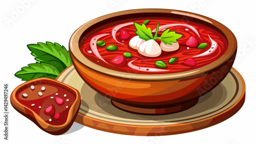 Bowl of red borsch with sour cream on cork stand isolated on a white background. Borsch - beetroot soup, traditional dish of russian cuisine.