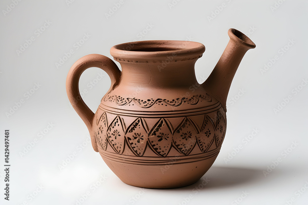 Rustic Brown Clay Jug with Folk Etchings Isolated on White for Pottery and Craftsmanship Concepts Featuring a Handmade Earthenware Pitcher with Traditional Decorations: Rustic, Brown, Clay, Jug, Folk. Rustic Brown Clay Jug with Folk Etchings Isolated on White for Pottery and Craftsmanship Concepts Featuring a Handmade Earthenware Pitcher with Traditional Decorations: Rustic, Brown, Clay, Jug, Folk.