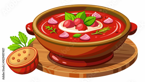Bowl of red borsch with sour cream on cork stand isolated on a white background. Borsch - beetroot soup, traditional dish of russian cuisine.