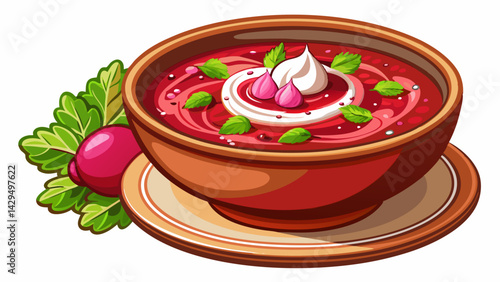 Bowl of red borsch with sour cream on cork stand isolated on a white background. Borsch - beetroot soup, traditional dish of russian cuisine.