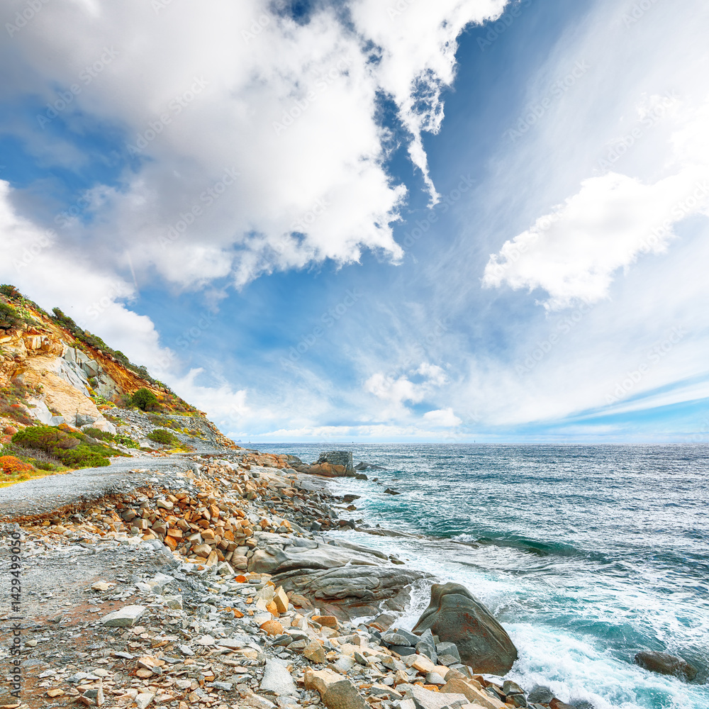 Marvelous view of beach near Capo Carbonara lighthouse.