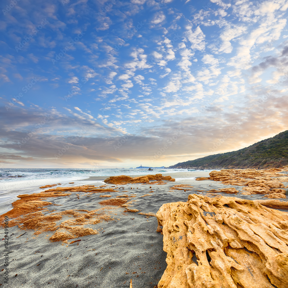 Marvelous view of beach near Capo Carbonara lighthouse.