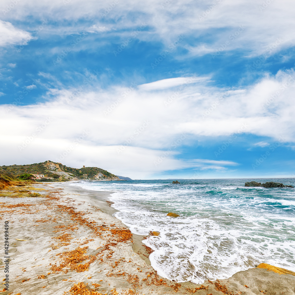 Marvelous view of beach near Capo Carbonara lighthouse.