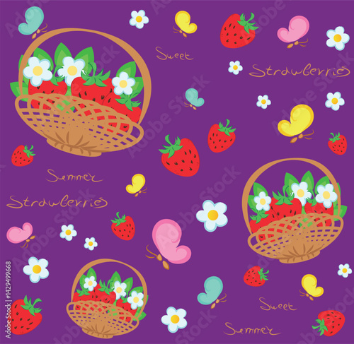 Vector seamless summer pattern with baskets of strawberries, flowers, butterflies, inscriptions: sweet, summer, strawberries on a purple background for wallpaper, textiles, cards, dishes.