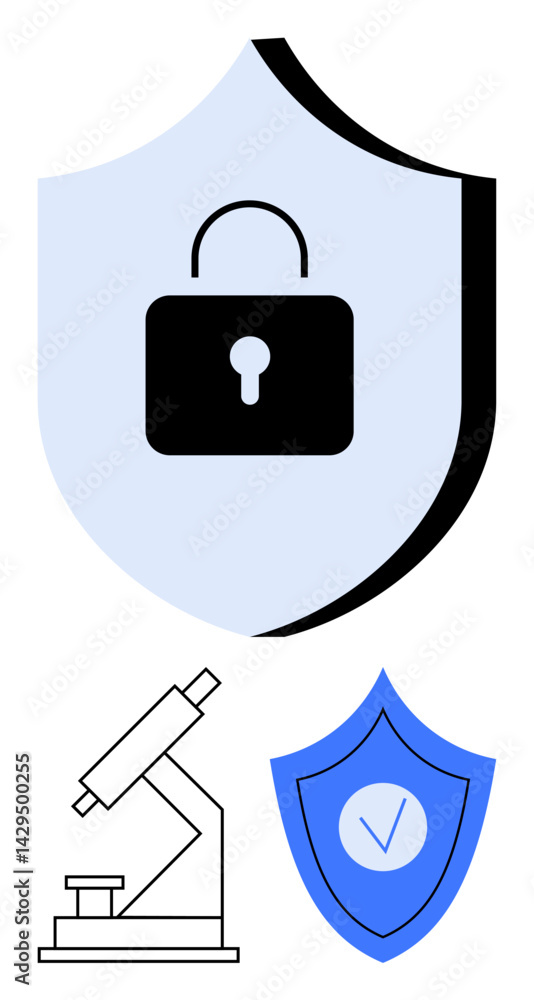 Lock on shield for data protection, microscope for scientific research, shield with checkmark signifying trust. Ideal for cybersecurity, research, healthcare, technology, protection, trust-building Lock on shield for data protection, microscope for scientific research, shield with checkmark signifying trust. Ideal for cybersecurity, research, healthcare, technology, protection, trust-building