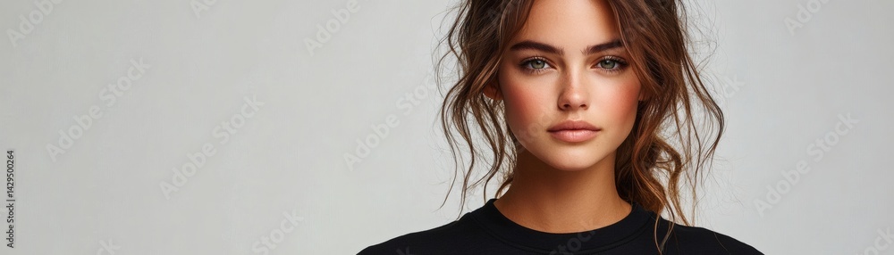 Fototapeta premium A captivating portrait of a woman with stunning beauty, exuding confidence and elegance. The woman gazes directly at the camera with a captivating look