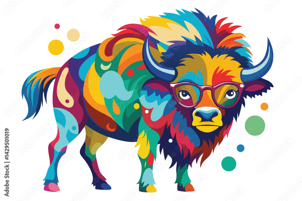 Naklejka premium Colorful artistic bison colorful paint splatters on white background.