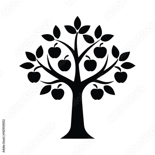 Silhouette of Apple Tree with Hanging Fruit Vector