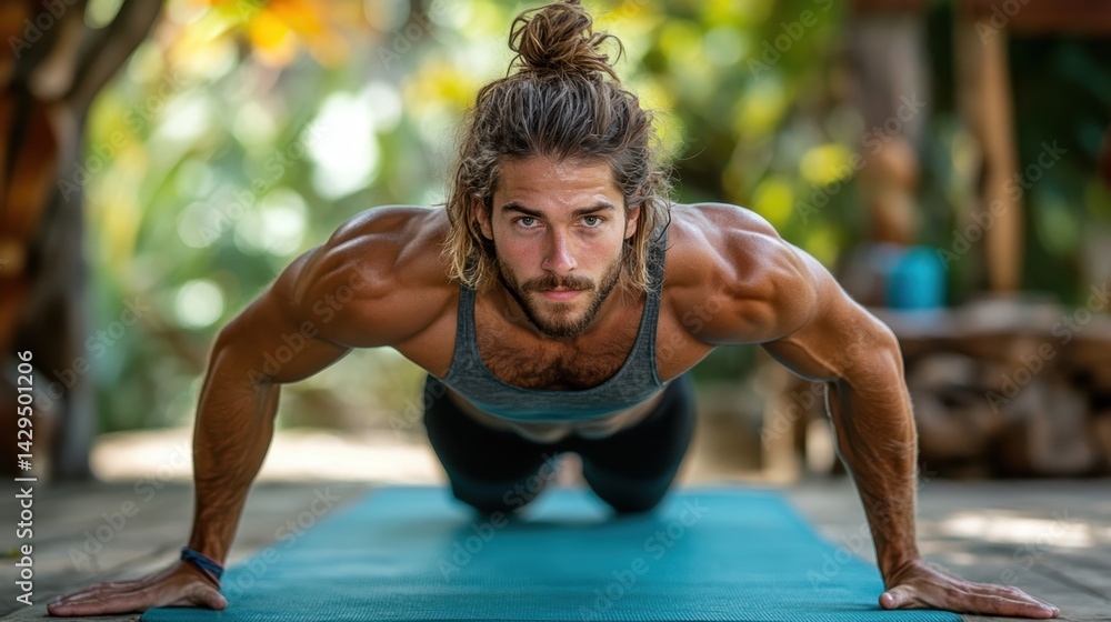 Fototapeta premium yoga practitioner holding a plank pose with strong focus and concentration