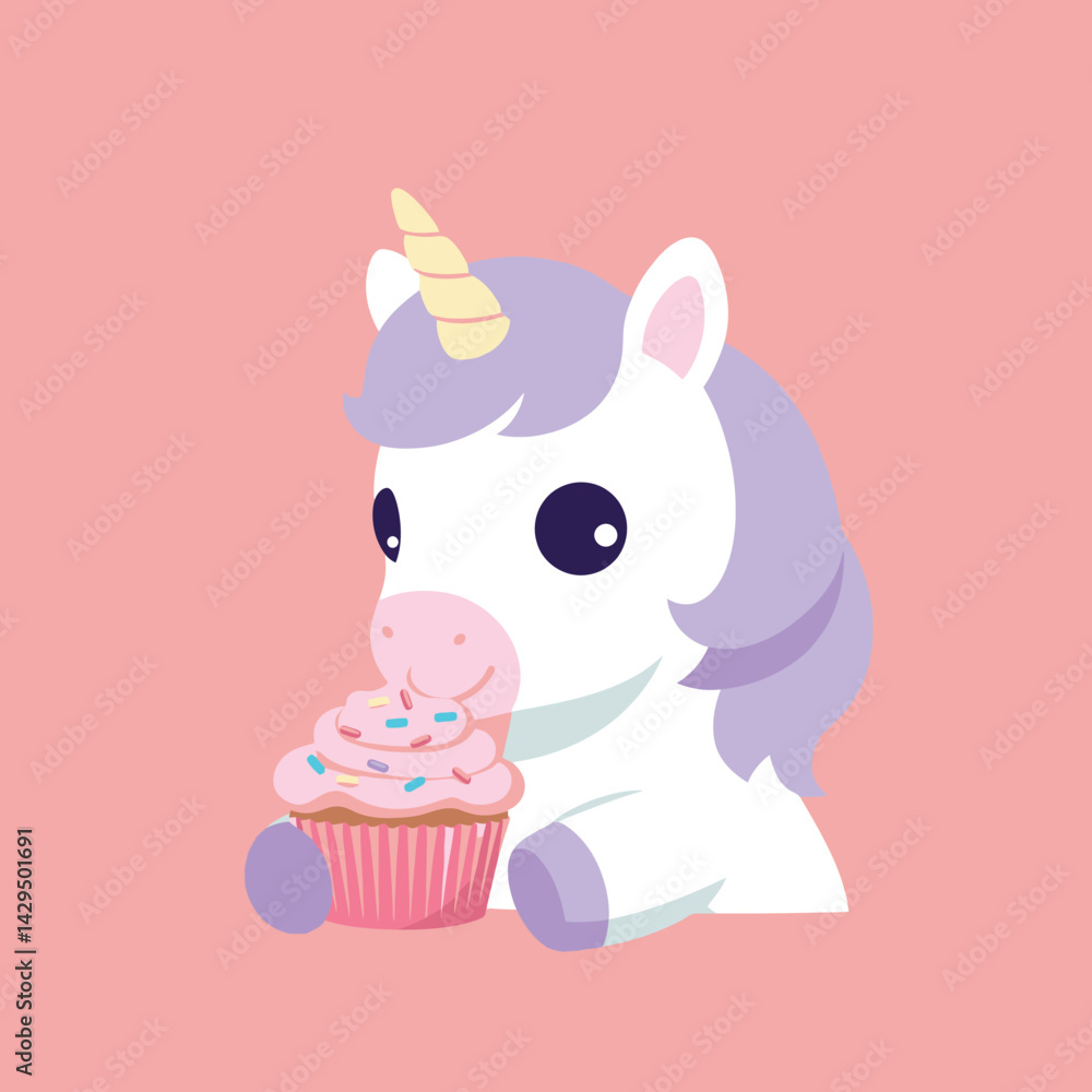 Unicorn holding cupcake with pink frosting and sprinkles cute fantasy character vector Unicorn holding cupcake with pink frosting and sprinkles cute fantasy character vector