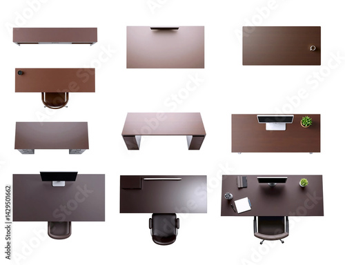 top down view chocolate brown office desk set for floor plan collages. isolated, transparent background