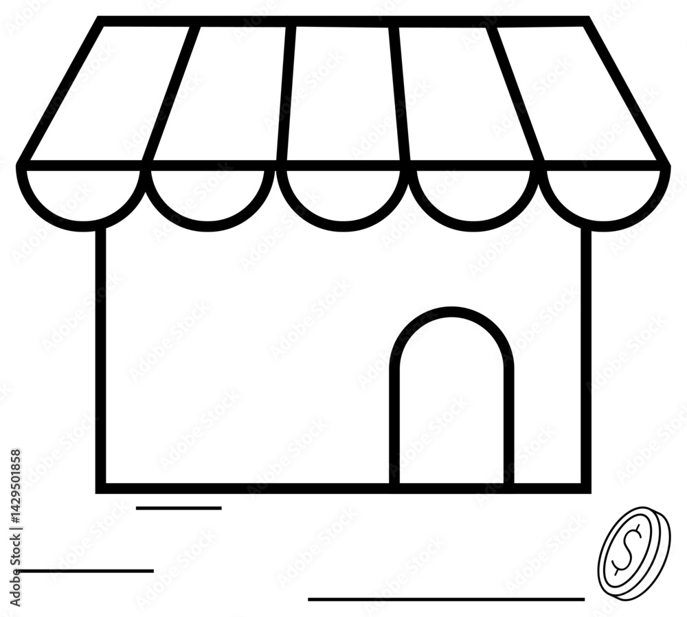 Small shop building with striped canopy and open door. Nearby, a coin represents commerce, transactions. Ideal for business, retail, e-commerce, startup shopping entrepreneurship sales. Flat Small shop building with striped canopy and open door. Nearby, a coin represents commerce, transactions. Ideal for business, retail, e-commerce, startup shopping entrepreneurship sales. Flat