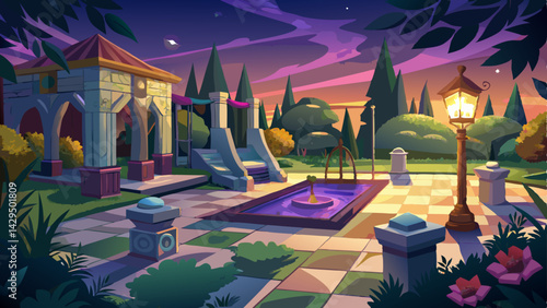 marble tile playground in the night backyard of mansion with flowerbeds and lawn with ground lamp and lighting in the warm light at dusk in the evening.