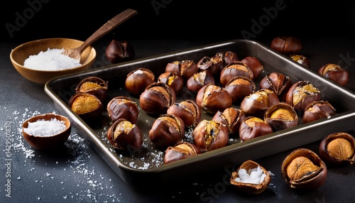 golden roasted chestnuts with cracked shells and sea salt on baking tray