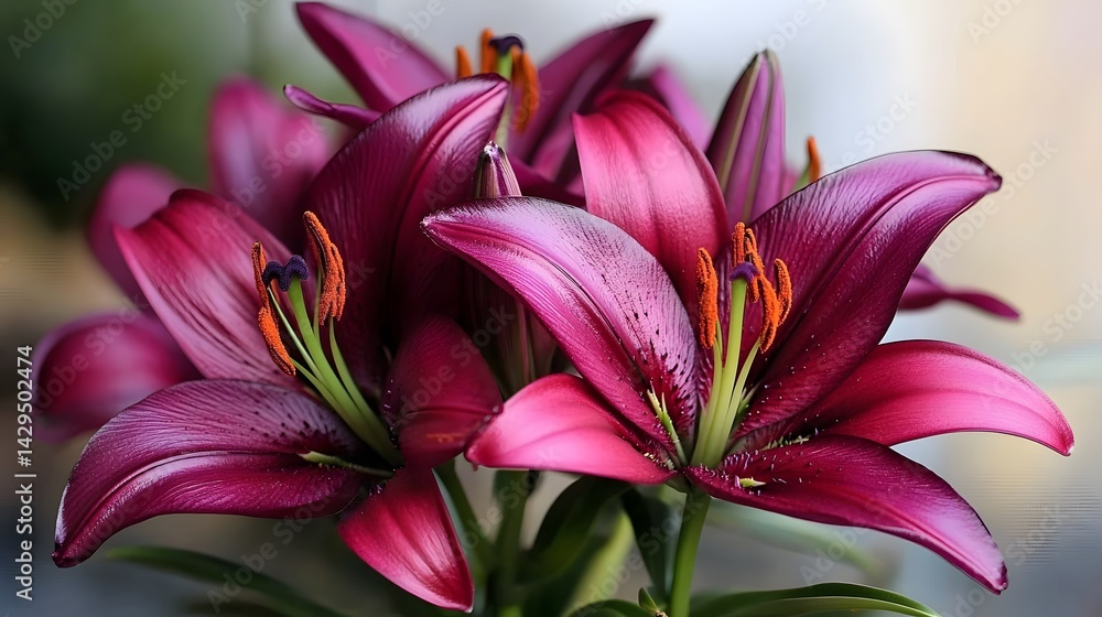 Naklejka premium Closeup of Dark Pink Lilies, Vibrant Flowers, Botanical Beauty