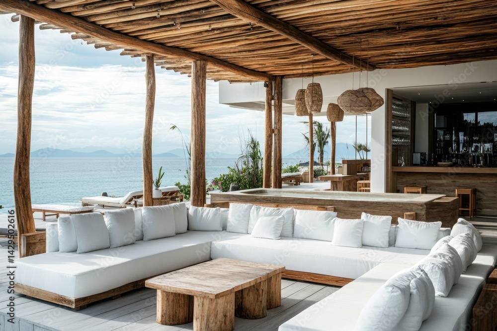 Fototapeta premium A beach club hotel lounge with white sofas and wooden structures, featuring an open-air design overlooking the sea Generative AI