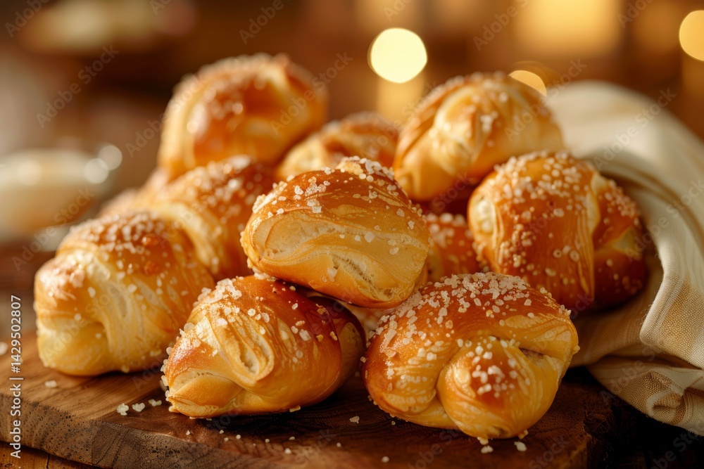 Freshly baked soft pretzel rolls with sea salt on wooden board Freshly baked soft pretzel rolls with sea salt on wooden board