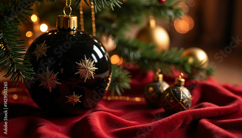 Christmas bauble hanging on a tree against a cozy background  
