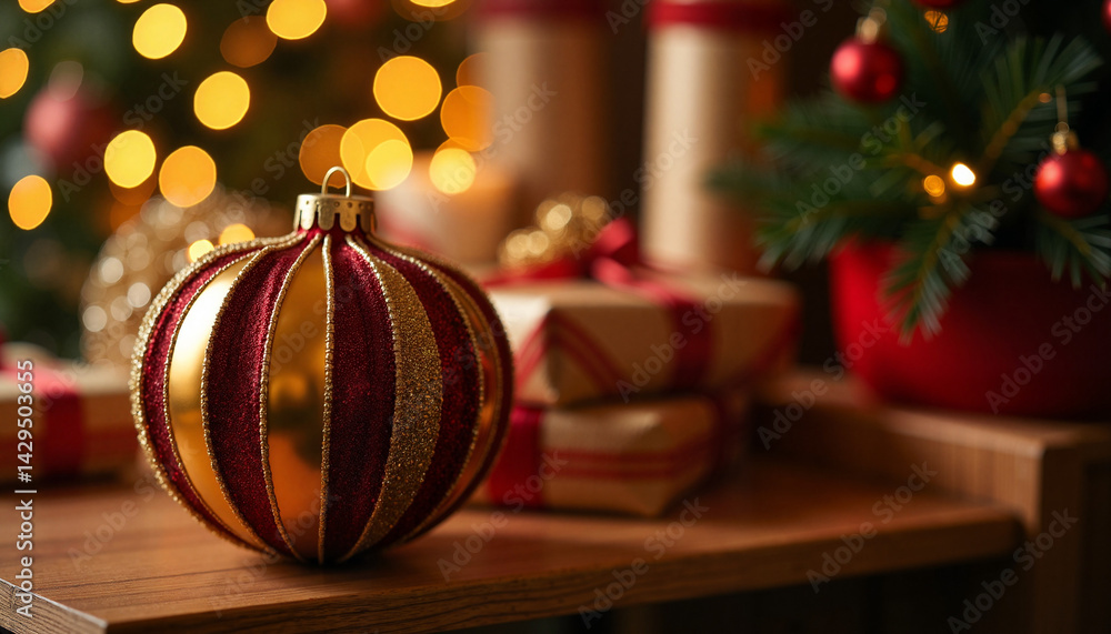Christmas bauble on a table with gifts and festive lights