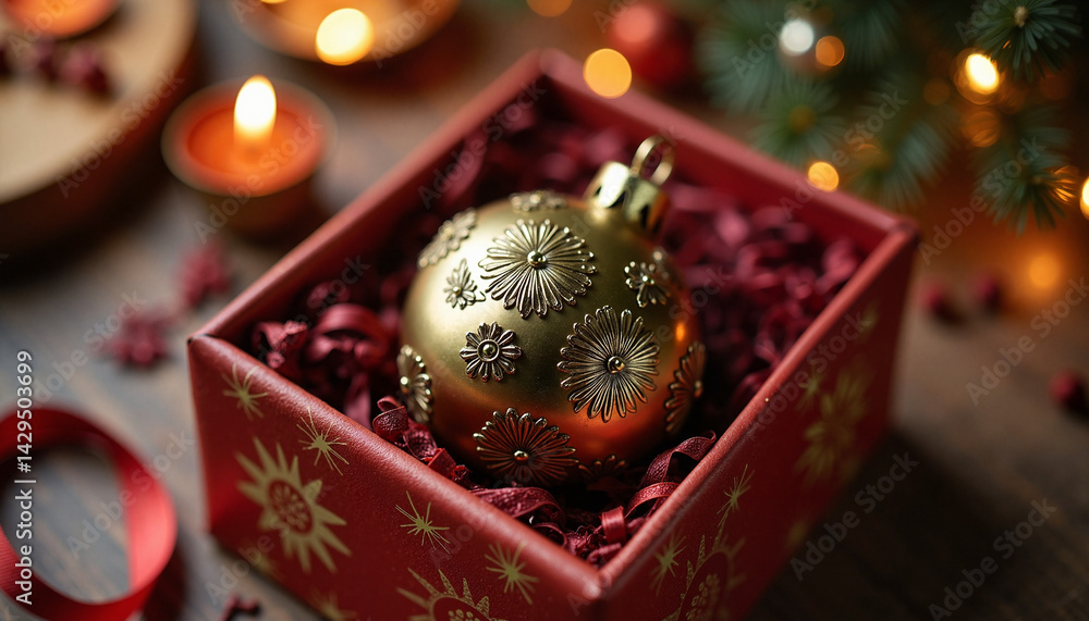 Christmas concept golden ornament resting in a decorated gift box