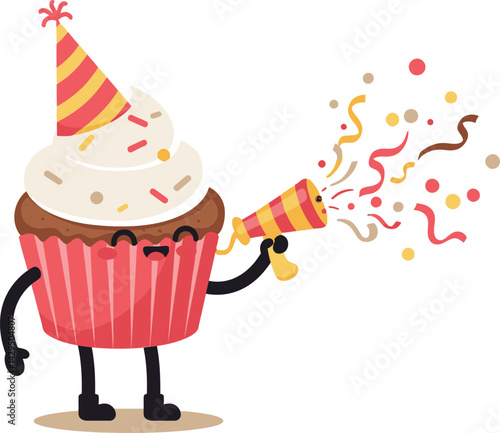 Cupcake character with party hat and confetti blower celebration illustration vector art 
