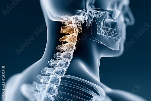 Detailed anatomical representation showcases the human cervical spine, focusing on vertebrae alignment and skull connection in a dark background setting, emphasizing structure and function