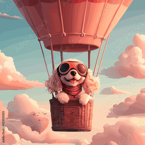 Cartoon vector illustration of a Cocker Spaniel in aviator goggles and scarf sitting by a hot air balloon basket with pastel sky and clouds