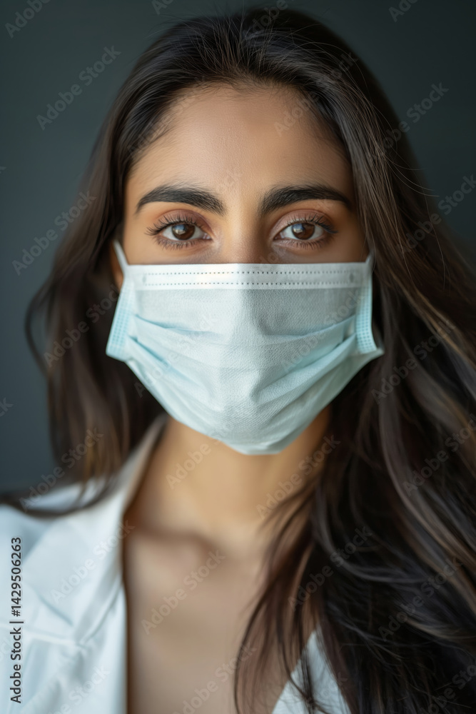 Portrait of young woman in protective medical mask on dark background. Healthcare concept.
Portrait of young woman in protective medical mask on dark background. Healthcare concept.