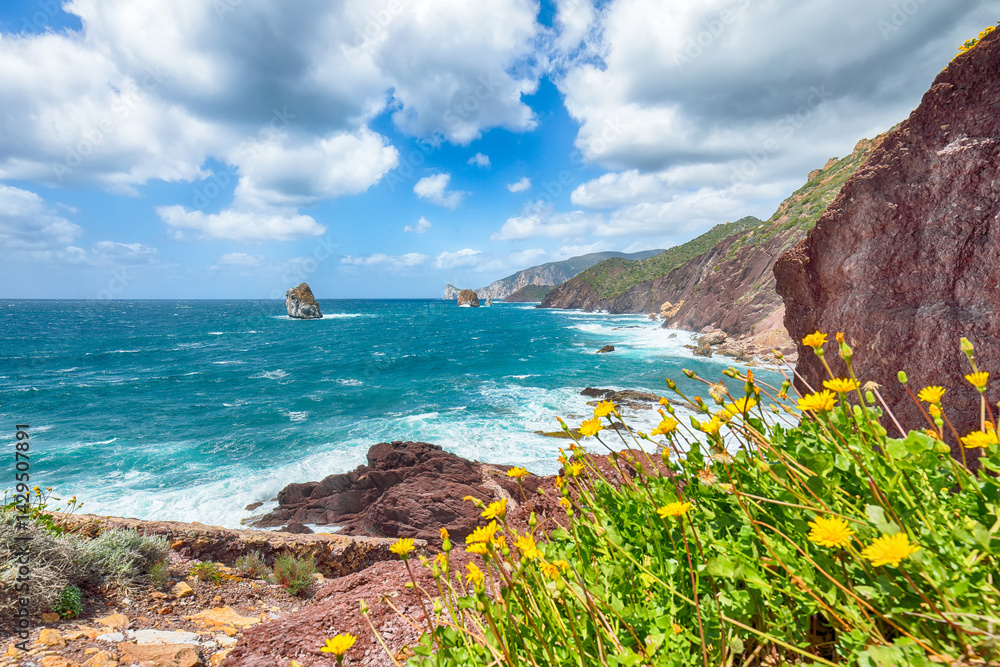 Fabulous spring view of Nebida and Masua coast and Pan Di Zucchero on background.
