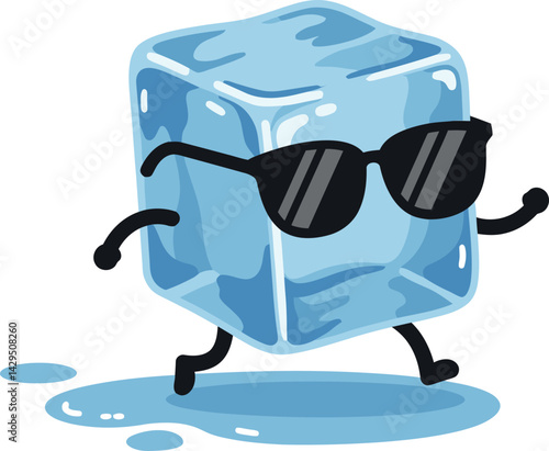 Cool cartoon ice cube with sunglasses walking on puddle vector illustration 