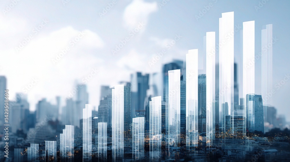 Fototapeta premium Double Exposure of Financial Growth Displayed in Bar Chart Format