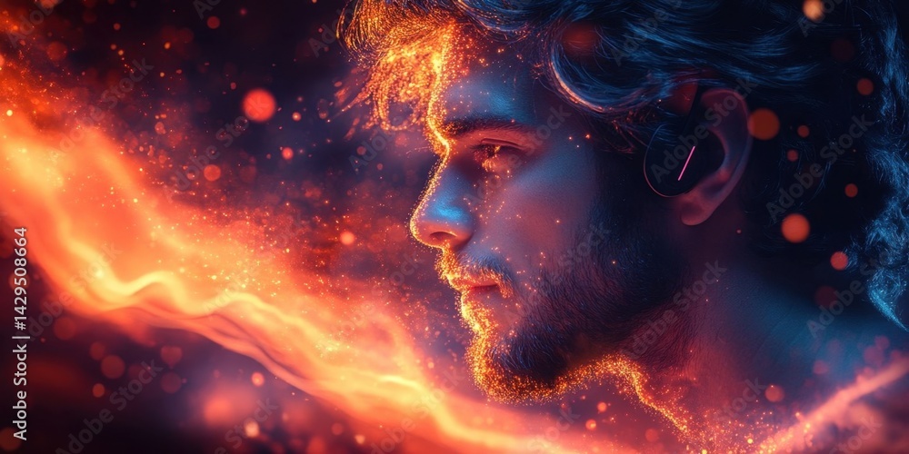 Excited Man Enjoying Music with Colorful Sound Waves Excited Man Enjoying Music with Colorful Sound Waves