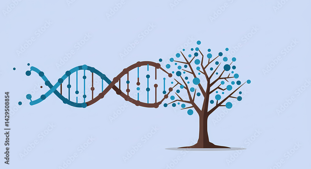 DNA structure intertwining with a tree against a blue background