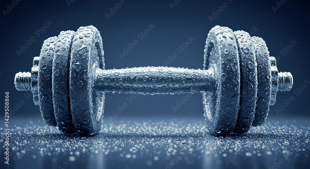 Water-Drenched Dumbbell on a Dark Background