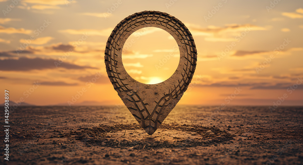 3D map pin marking location against sunset backdrop